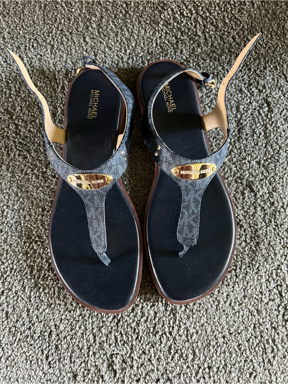 Michael Kors navy blue Signature Logo T-Strap Sandals with Gold Accent